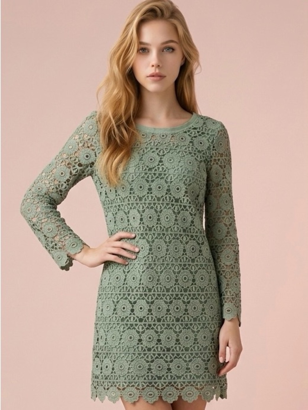 Migaino 1997 Vintage Y2K Green Crochet Lace Scalloped Long-Sleeve Midi Dress-S